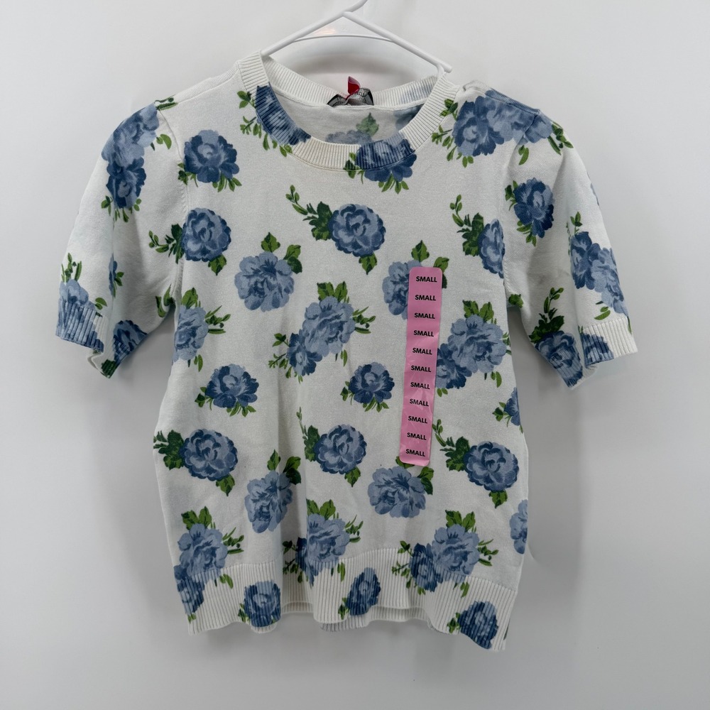 Vince Camuto Sweater Womens Small White Blue Floral Short Sleeve Knit Top